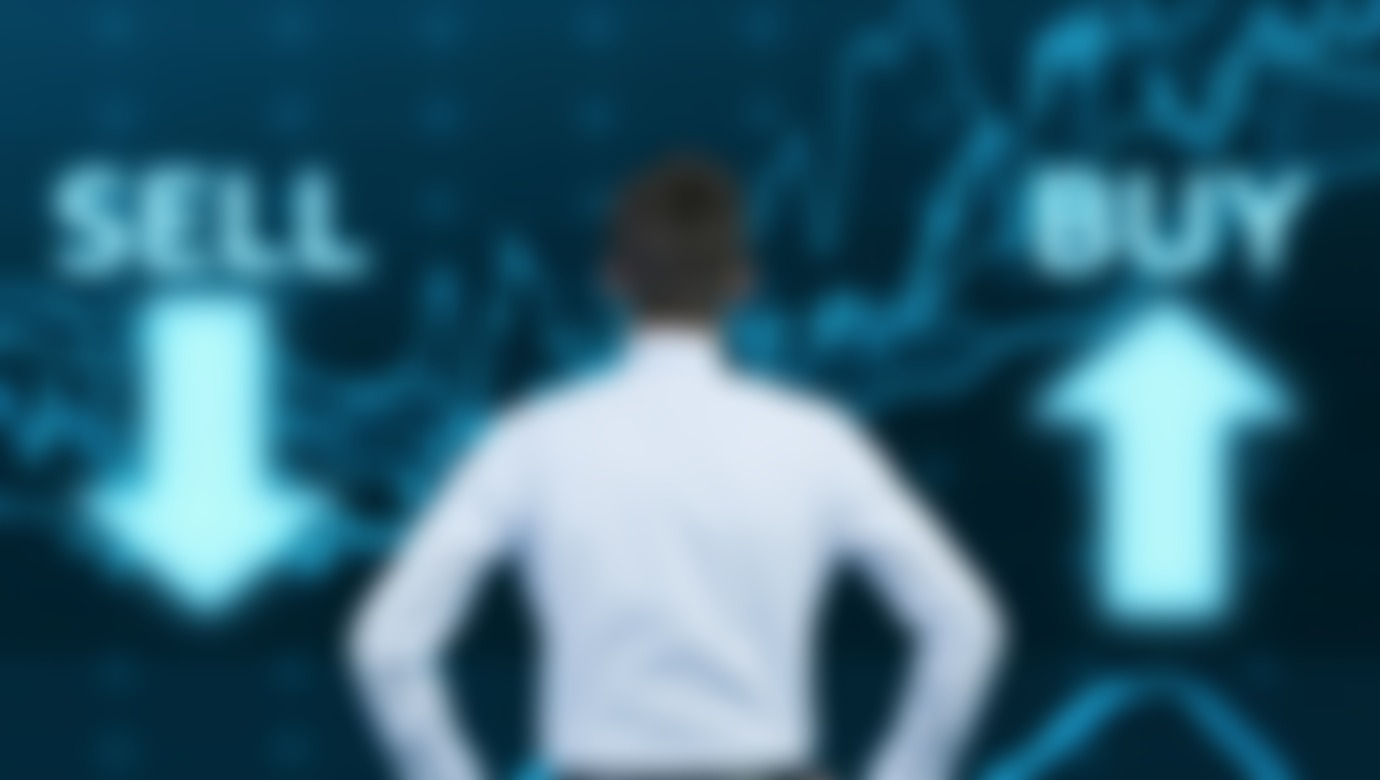 A thumbnail showcasing a man with his back turned looking at stock performance, with the words buy and sell next to him.