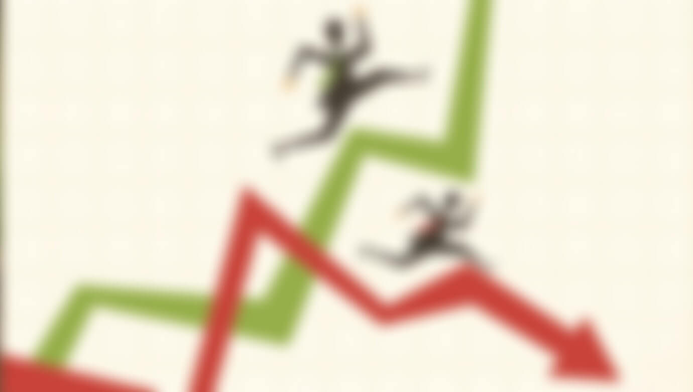 A thumbnail showcasing two people running on top of arrows inside of a graph, one red going down and one green going up.